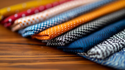 detailed shot of Oktoberfest fabric swatches, showcasing different patterns and colors, arranged fan-like on a wooden table 