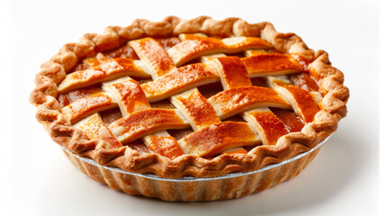 detailed view of a whole pumpkin pie with a lattice crust, isolated on a white background, rich orange filling 