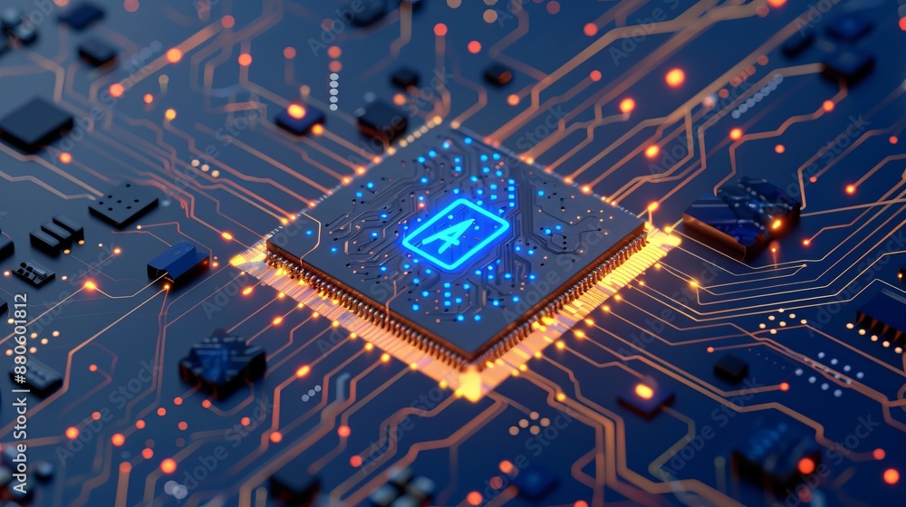 Poster powerful computer processor microchip with ai technology word, conceptual illustration of artificial