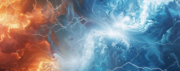 Obraz premium Swirling red and blue clouds are colliding, with lightning flashing between them, creating a dynamic abstract background full of energy. This image represents opposing forces clashing