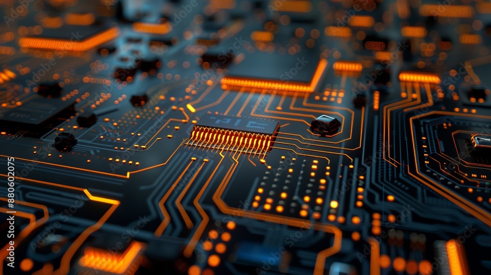 Poster futuristic printed circuit board 3d render, dynamic technology background for digital wallpaper, hig