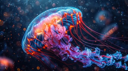Fototapeta premium Mesmerizing jellyfish glides gracefully in deep blue waters, glowing with orange and pink tentacles. Surrounding bubbles add magic to the scene, creating a colorful display of marine life