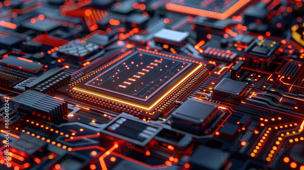 Poster futuristic printed circuit board 3d render, dynamic technology background for digital wallpaper, hig