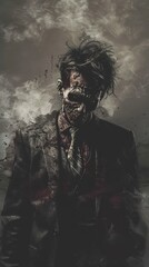 Fototapeta premium Scary undead businessman in a suit and tie is standing in a smoky, atmospheric environment, possibly representing the undead nature of corporate greed