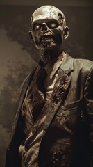 Terrifying undead businessman covered in blood, with evil eyes in dim lighting, perfect for halloween