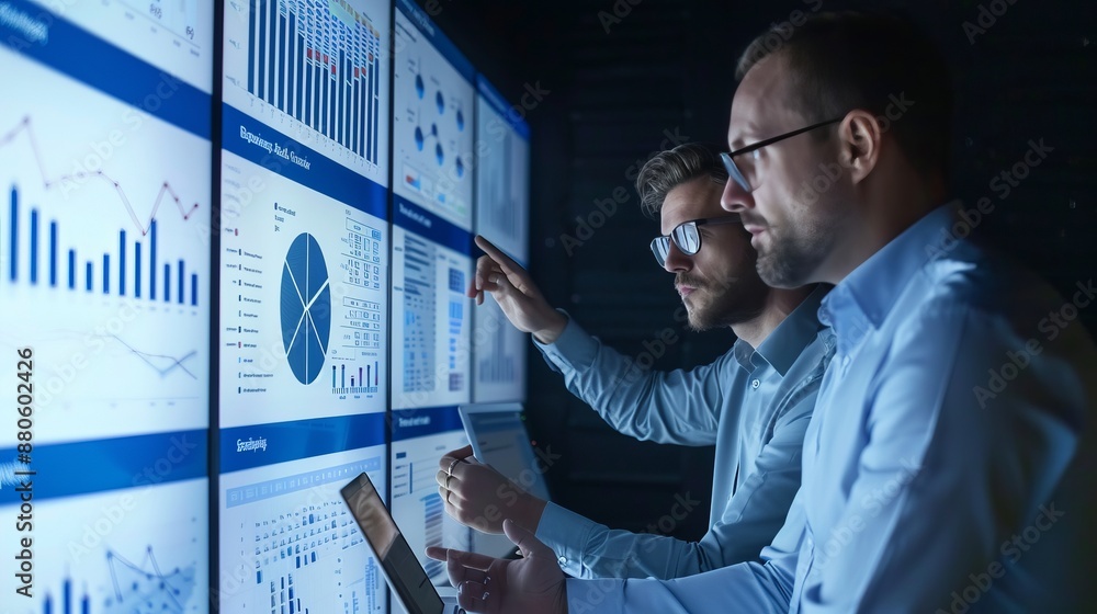 Poster project manager and computer science engineer collaborate using big screen display and laptop, analy