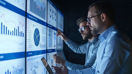 Project manager and computer science engineer collaborate using big screen display and laptop, analyzing infrastructure infographics data for telecommunications company system control and monitoring, 