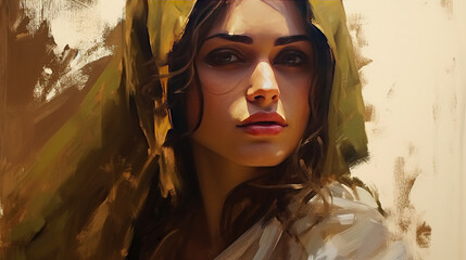 Minimalistic Art Of Gorgeous Arab Woman with a Head Covering and Earrings Sketch Oil Painting