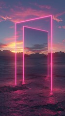 Two glowing neon squares are standing on a barren landscape, reflecting the dramatic colors of the sunset over the mountains