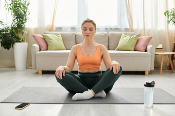 Middle aged woman finding peace on a yoga mat in her living room.