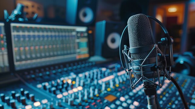 Professional radio station microphone in recording studio or broadcast room, ideal working place of radio host with equipment and soundproofing