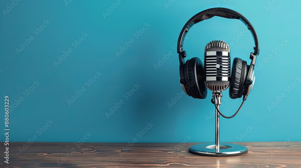 Wall mural Shiny gold microphone with sound wave on vibrant yellow background, audio recording and broadcast technology concept