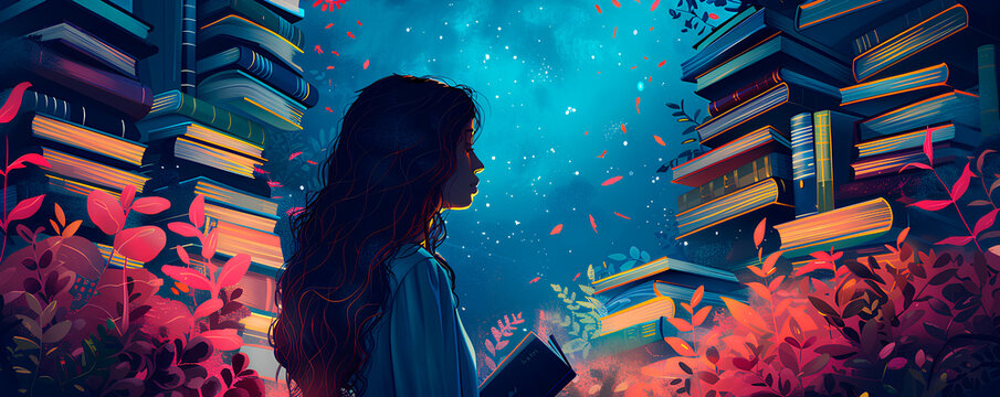 A woman with long dark hair reads a book in a dreamy setting surrounded by towering stacks of books, glowing in vibrant colors