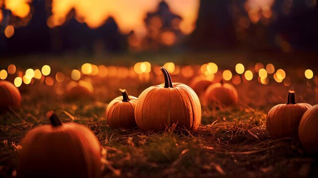 Pumpkins in field at sunset
