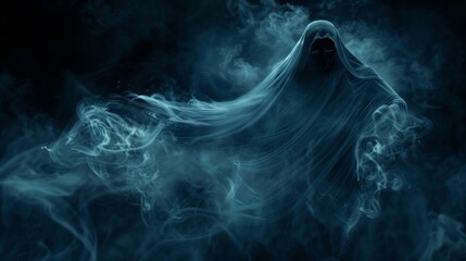 A shadowy figure cloaked in swirling smoke and mist, casting a mysterious and eerie presence