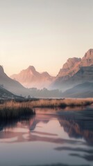 Naklejka premium Serene lake reflecting the warm hues of the setting sun over a picturesque mountain range, creating a breathtaking view