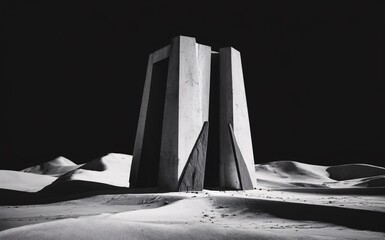 The image is of a black and white photo of a building on the moon. The building is tall and has a large door in the front. There are some hills in the background.

