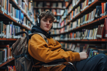 Obraz premium Student in Wheelchair at College Library