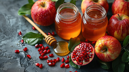 Rosh Hashanah Jewish New Year holiday concept Traditional symbols Honey jar apples pomegranate