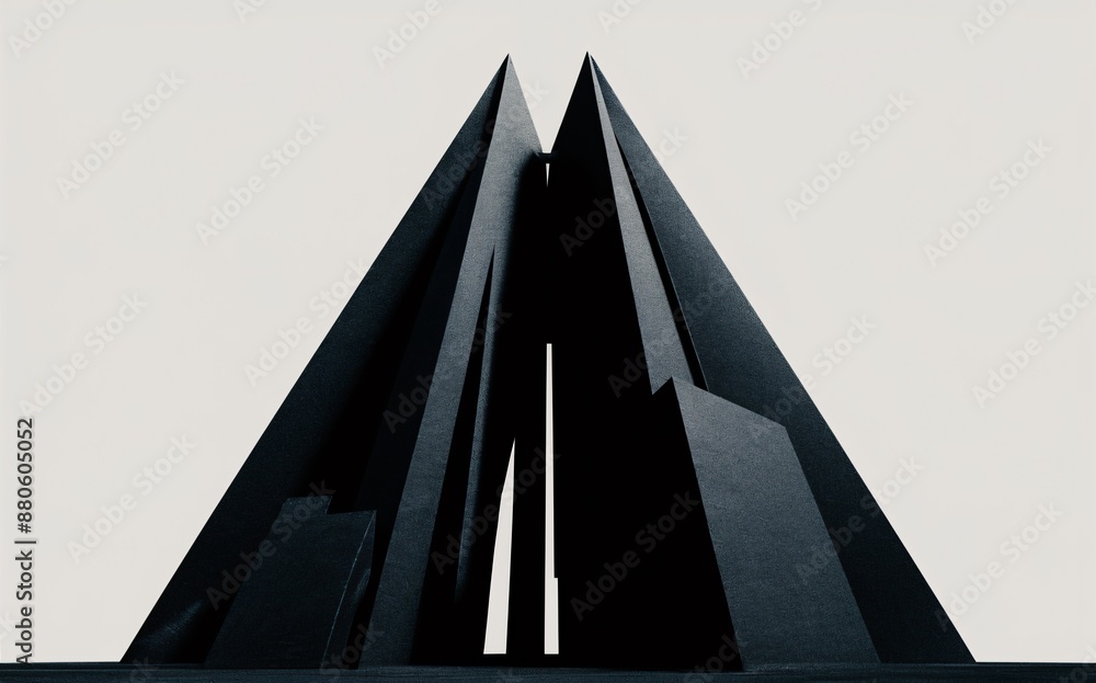 Poster a pair of black, angular structures that are adjacent to one another, reaching to a great height, wi