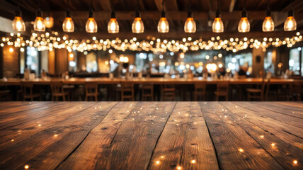 Obraz premium wooden bar floor with bokeh lights and bar counter in the background
