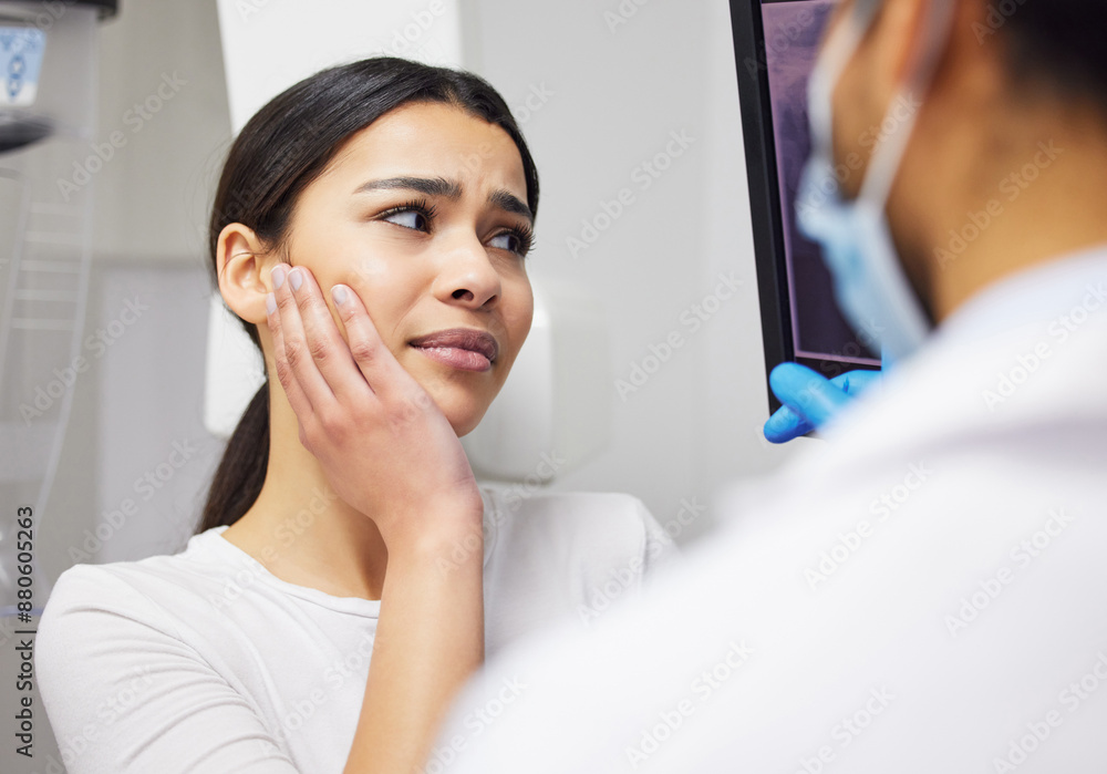 Wall mural Toothache, dentist and woman in pain, clinic and consultation for dental health of patient in office. Appointment, person and listening to diagnosis of doctor, cavity and medical help for mouth