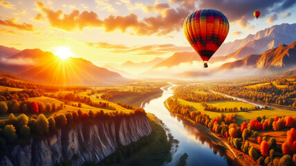 Obraz premium two large hot air balloons fly over the canyon against the backdrop of the setting sun