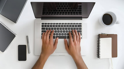 Efficient Work Desk Setup with Laptop, Coffee, and Notepad - Top View