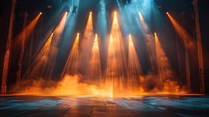Fototapeta premium Vibrant orange and blue lights illuminate the stage, with wisps of smoke adding to the dramatic ambiance, creating a captivating scene perfect for entertainment events
