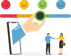 Through the smartphone pull the arrow to make bar to be excellent smile. Corporate customer feedback with two businessmen doing handshake. Customer feedback, quality from product.


