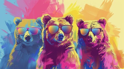 Three cool bears wearing sunglasses, having a great time in front of a vibrant background on a sunny day, enjoying the warm weather and having fun under the sun