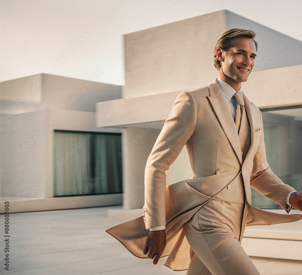 Poster a man in a tan suit and tie is walking in front of a modern building. he is smiling and looks succes