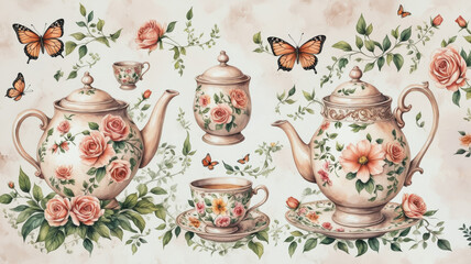 two teapots sugar bowl cups butterflies flowers