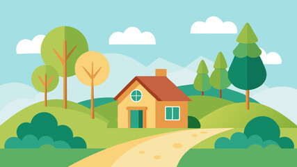 Obraz premium Spring countryside landscape with house, trees Cute vector illustration