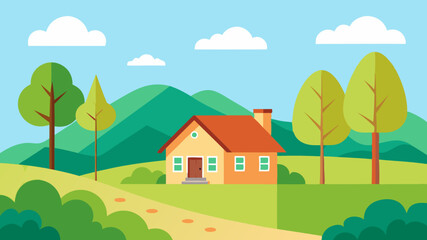 Fototapeta premium Spring countryside landscape with house, trees Cute vector illustration
