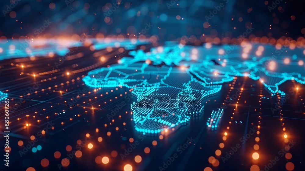 Poster series of interconnected dots on a world map, illustrating global communication networks