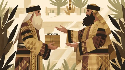 Genesis : Abraham and Abimelech , Biblical Illustration of Abimelech Giving Gifts to Abraham, Genesis, Beige Background, Copyspace