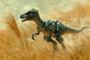 Fototapeta premium Velociraptors Stealthily Chase Through Tall Grass in Concept Art Style.