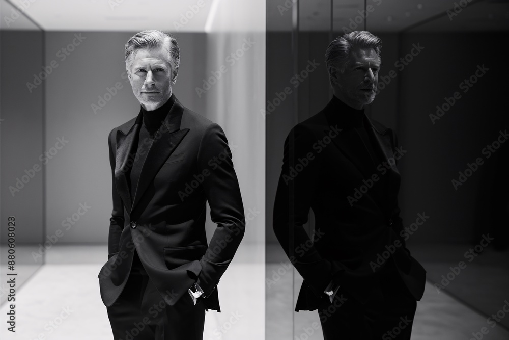 Poster a man in a black suit is standing with his hands in his pockets. he is looking at the camera with a 