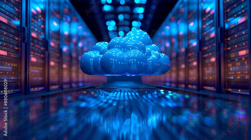 Poster cloud computing depicted as a cloud-shaped server farm, with data flowing into and out of the cloud