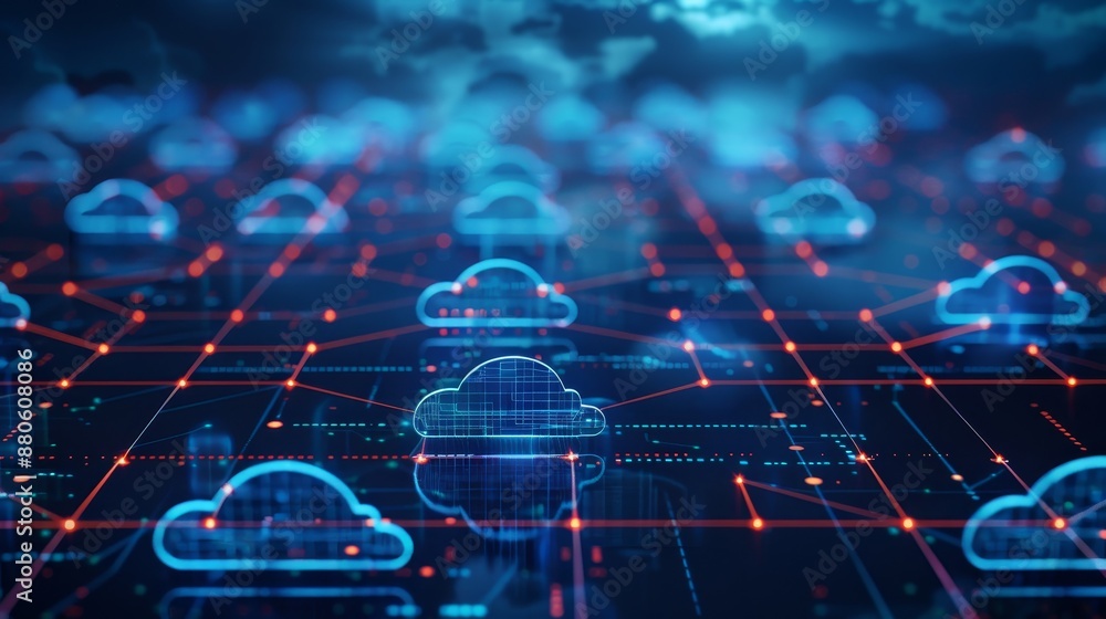 Poster cloud connectivity visualized as a network of interconnected clouds, representing seamless data tran