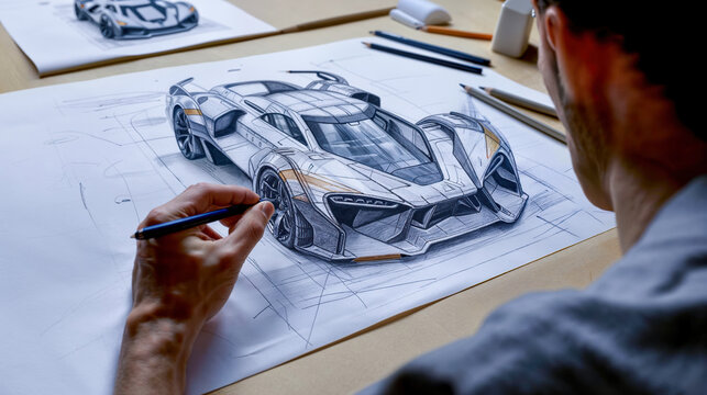 une personne en train de dessiner un prototype de voiture au crayon sur une feuille