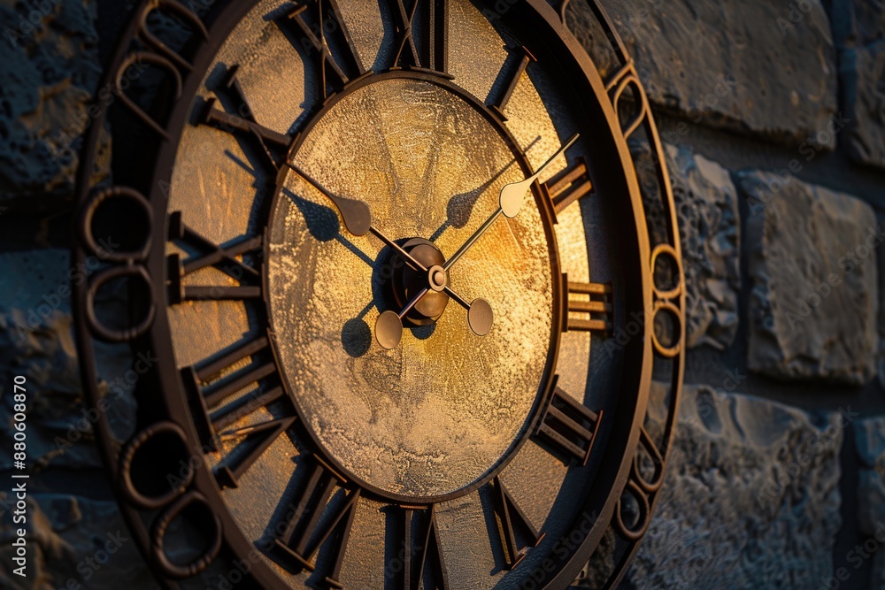Poster a close-up view of an old-fashioned clock on a stone wall, with intricate carvings and moss growing 