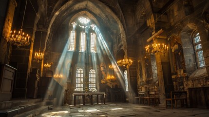 Fototapeta premium An old Armenian Christian church with sunbeams pouring in from the windows, illuminating the burning candles inside. It represents faith, history, architecture, travel, and religious traditions.