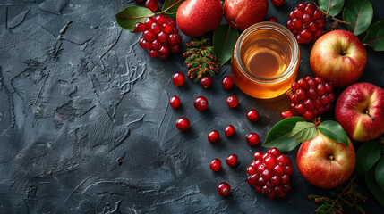 Rosh Hashanah concept. Frame made of symbols Jewish New Year holiday Traditional, copy space