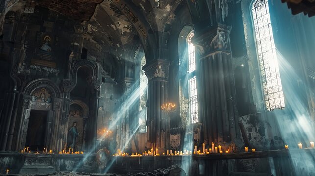 An old Armenian Christian church with sunbeams pouring in from the windows, illuminating the burning candles inside. It represents faith, history, architecture, travel, and religious traditions.