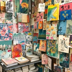 A vibrant collage showcasing a variety of art pieces and sketches. The display features colorful paintings, intricate designs, characters, and abstract patterns, clipped and arranged on a wall.