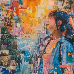 Fototapeta premium This vibrant collage features a girl thoughtfully gazing upwards against a backdrop of lively sketches and sewing projects, symbolizing creativity and inspiration.