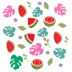World watermelon day. Summer fruit and plants background. Juicy fresh green open watermelon half, slices and triangles.