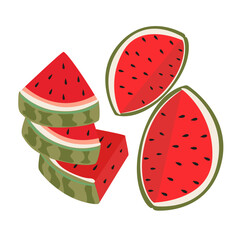 World watermelon day. Watermelon set. Summer fruit. Juicy fresh green open watermelon half, slices and triangles. 